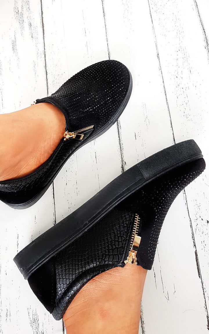 Slip On Embellished Trainers featuring diamante detail on faux suede front and croc-style faux leather back, perfect for pairing with skinnies and a blazer.