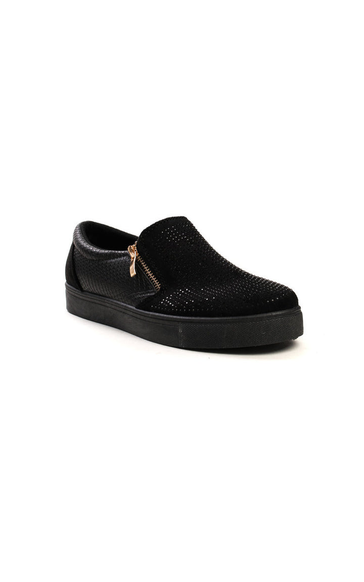 Slip On Embellished Trainers featuring a black faux suede front with diamante embellishments and a croc-style faux leather back, complete with a side zipper.