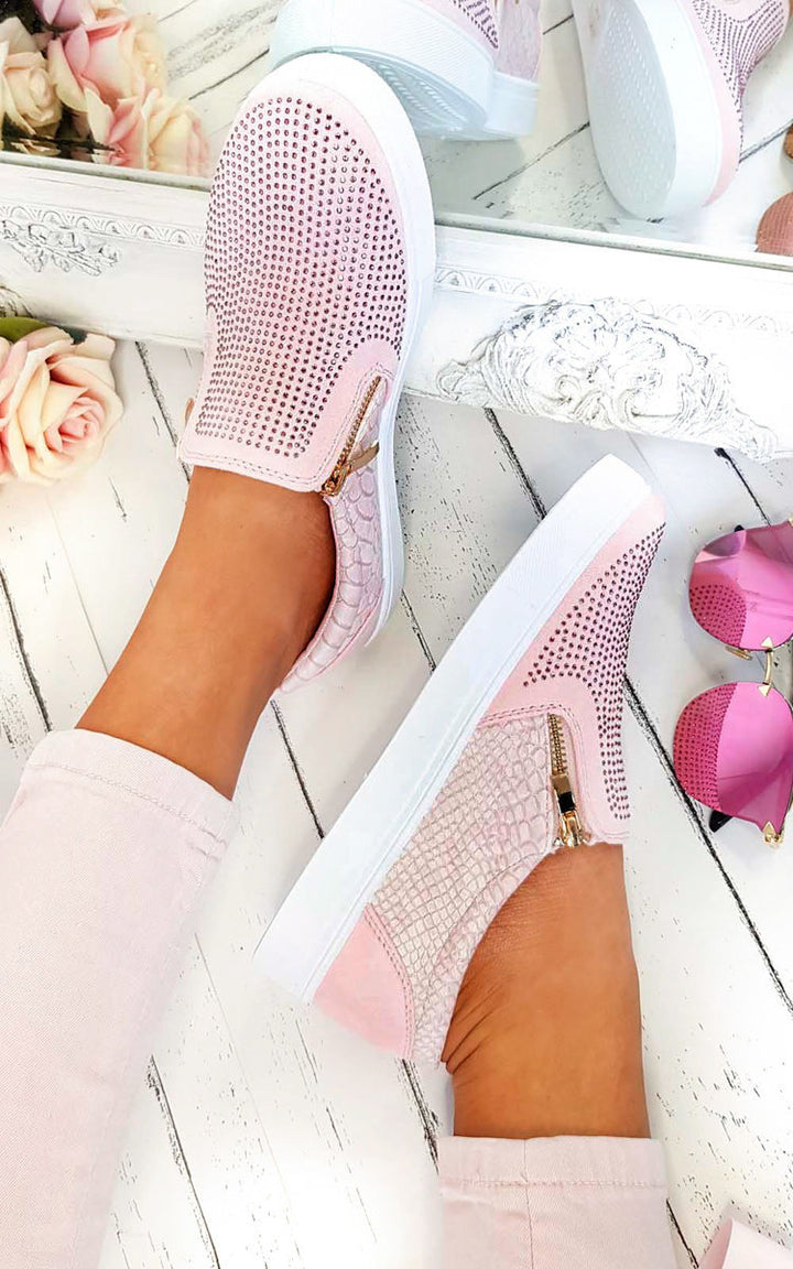 Slip On Embellished Trainers featuring pink faux suede with diamante embellishment and croc-style faux leather accents, designed for a chic, versatile look.