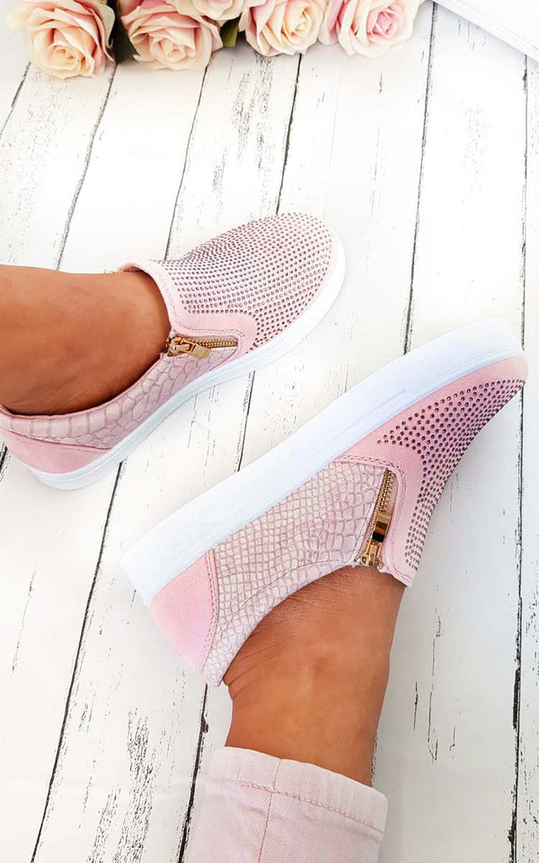 Slip On Embellished Trainers featuring rhinestone accents on faux suede with croc-style faux leather detailing, ideal for pairing with skinny jeans and a blazer.