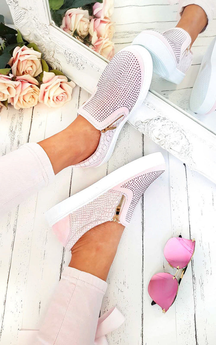 Slip On Embellished Trainers with rhinestone details on faux suede and croc-style faux leather. Perfect for pairing with skinnies and a blazer.