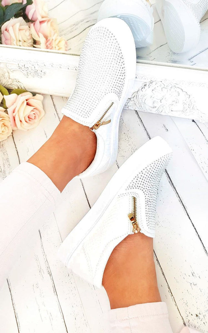 Slip On Embellished Trainers featuring zippers and diamante embellishments on faux suede with croc-style faux leather, ideal for a stylish and versatile look.