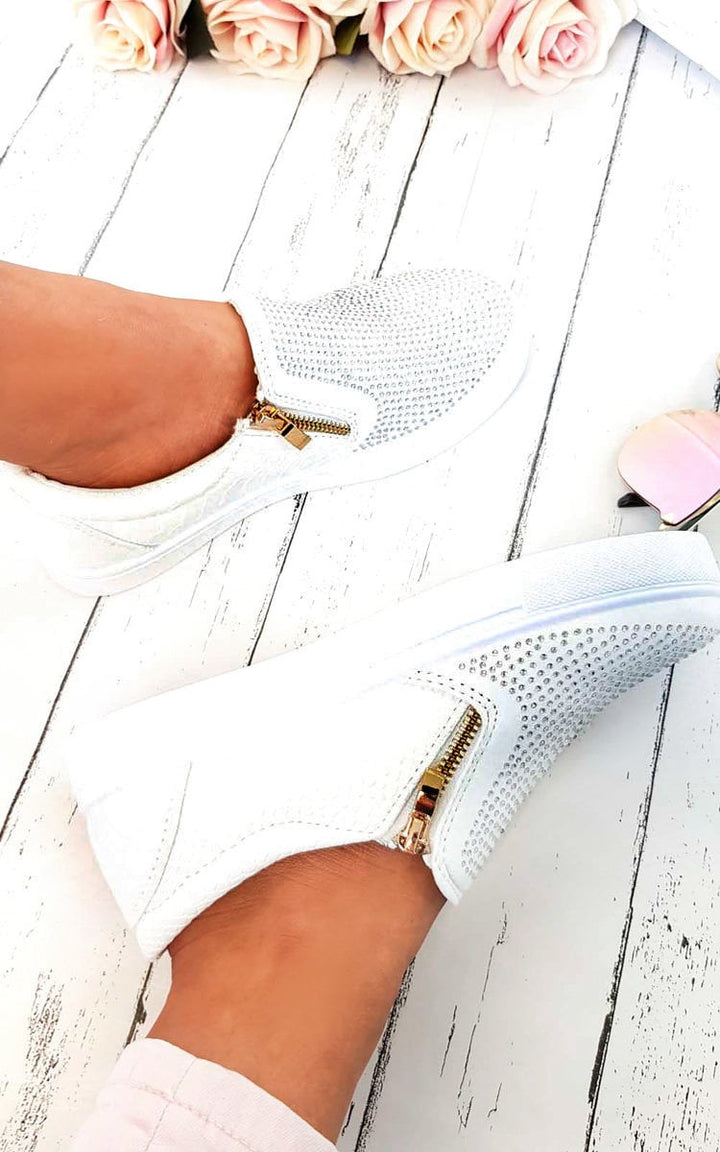 Slip On Embellished Trainers featuring rhinestone detailing and zippers on faux suede and croc-style faux leather, ideal for pairing with casual or chic outfits.