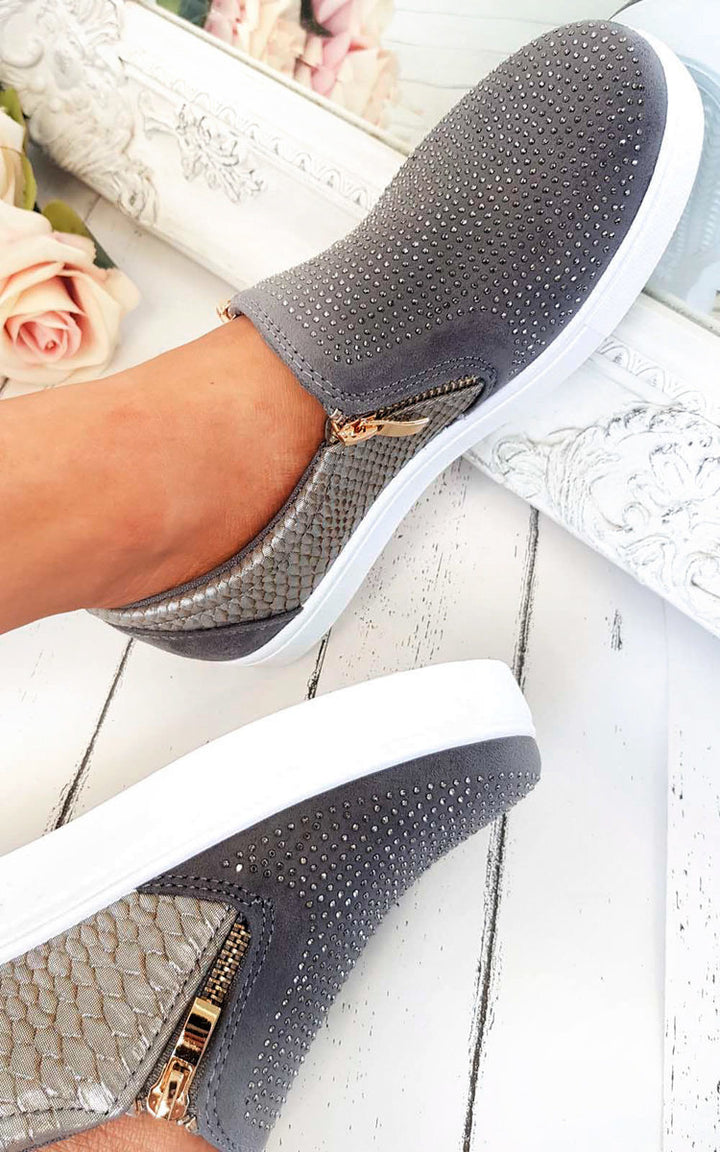 Slip On Embellished Trainers featuring rhinestone detailing on the front and croc-style faux leather at the back, perfect for stylish holiday outings.