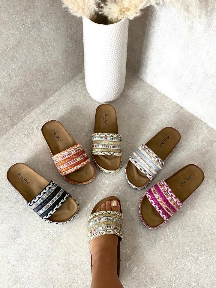 Thick Wedge Heel Braided Platform Sandals arranged in a circle, showcasing their stylish design and substantial wedge for comfort and chic appeal.