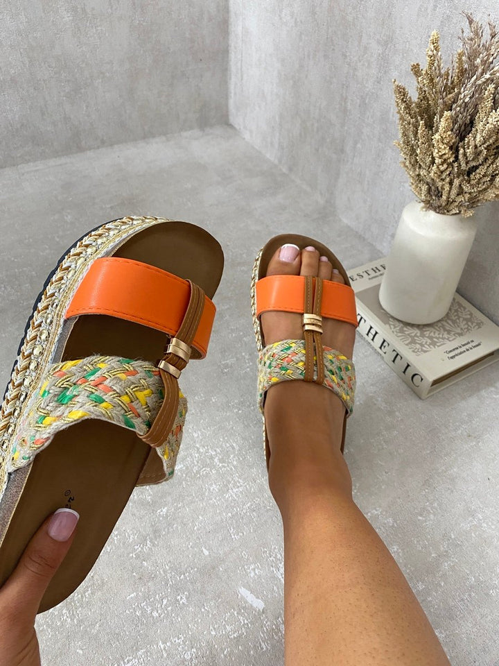 Strappy Slip-On Platform Sandals showcasing intricate strappy design, ideal for stylish, comfortable wear, aligning with Holiday Clothes UK's trendy and versatile offerings.