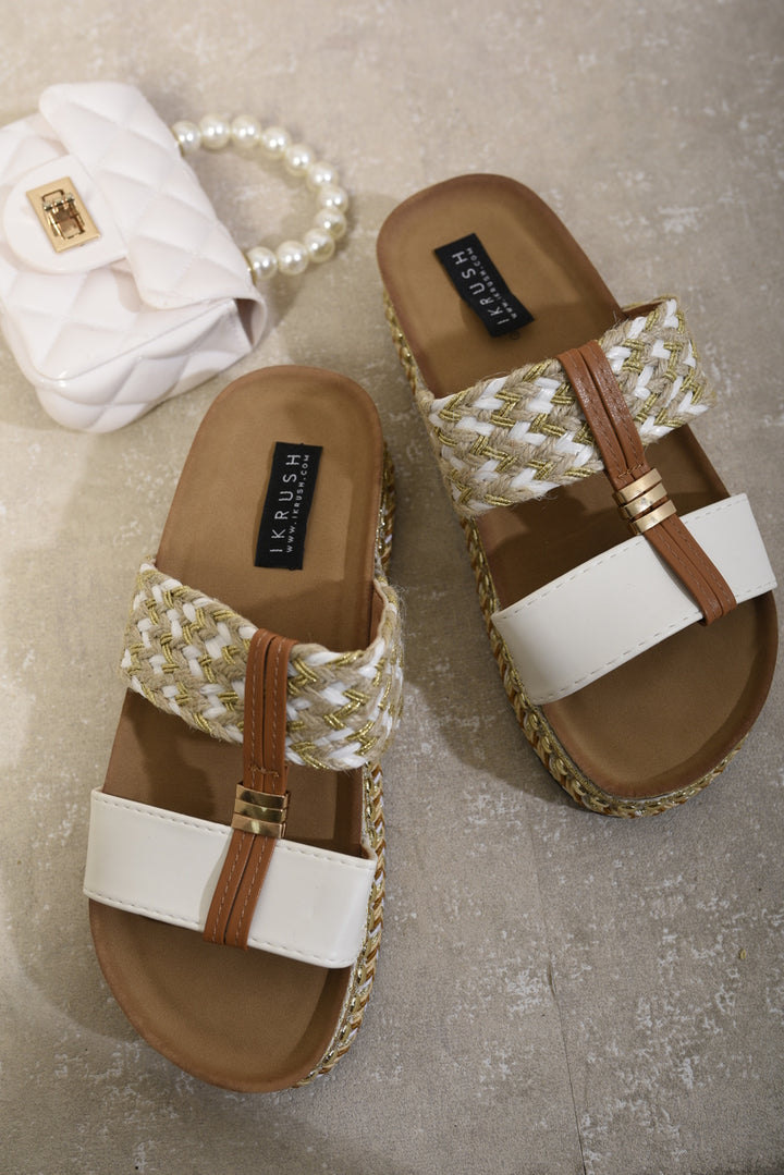 Linda Strappy Slip-On Platform Sandals with intricate strappy detailing and a supportive platform sole, ideal for stylish and comfortable all-day wear.