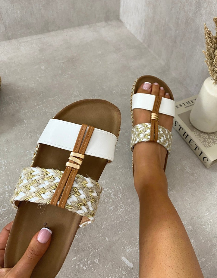 Strappy Slip-On Platform Sandals featuring chic white and gold woven straps, perfect for stylish comfort and effortless wear.