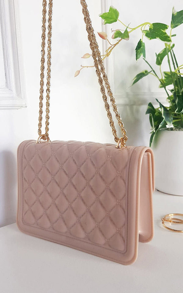 Quilted Chain Detail Handbag with gold accents, perfect for complementing any outfit. Elegant and stylish accessory showcased on a white surface.