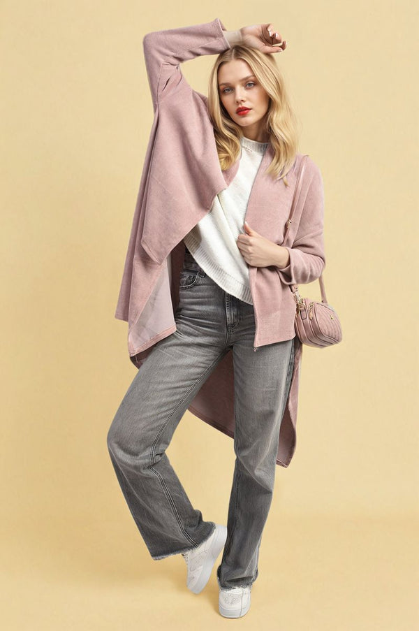 Woman wearing an Open Front Long Back Knitted Cardigan, posing stylishly. The cardigan's flowy design suggests versatility and chic comfort, ideal for casual or dressed-up occasions.