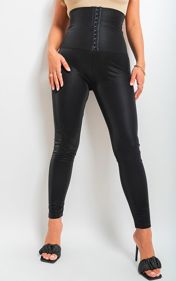 Woman modeling Maisie Body Shaper High Waist Leggings with heels, showcasing sleek fit and high-waist design for enhanced body shaping and versatile style.