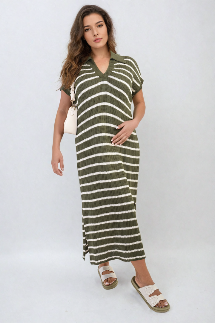 Woman wearing the Stripe Knitted V Neck Midi Dress, showcasing its elegant striped pattern and flattering fit, perfect for stylish holiday or everyday wear.