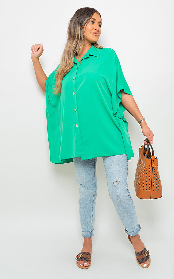 Woman holding Button Down V Neck Casual Loose Top, featuring a classic v-neckline and button-down closure, perfect for stylish everyday wear.