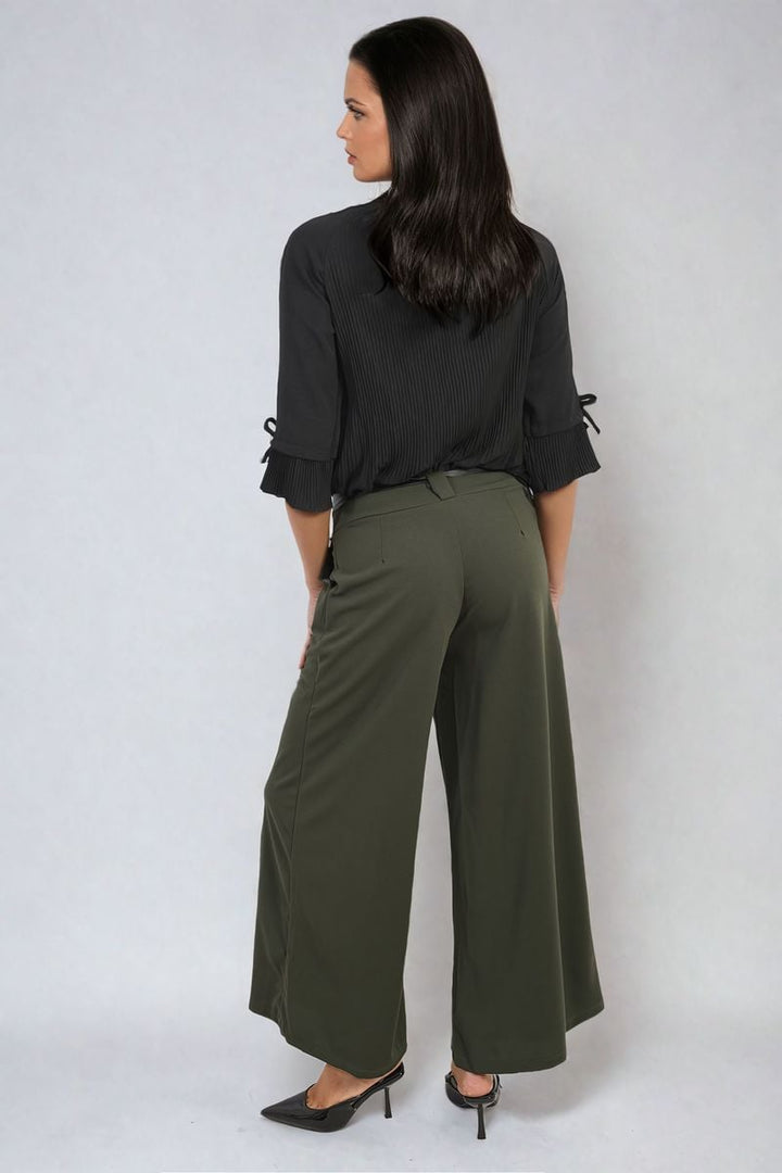 Woman wearing Belted High Waist Wide Leg Trouser, showcasing high waist and wide leg design, perfect for chic, versatile style from Holiday Clothes UK.