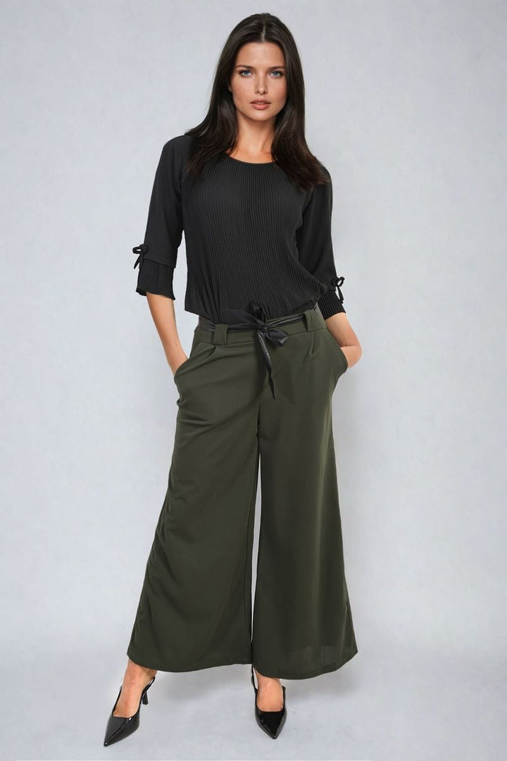 Woman wearing Belted High Waist Wide Leg Trouser, showcasing the stylish fit and trendy wide-leg design, perfect for any occasion.