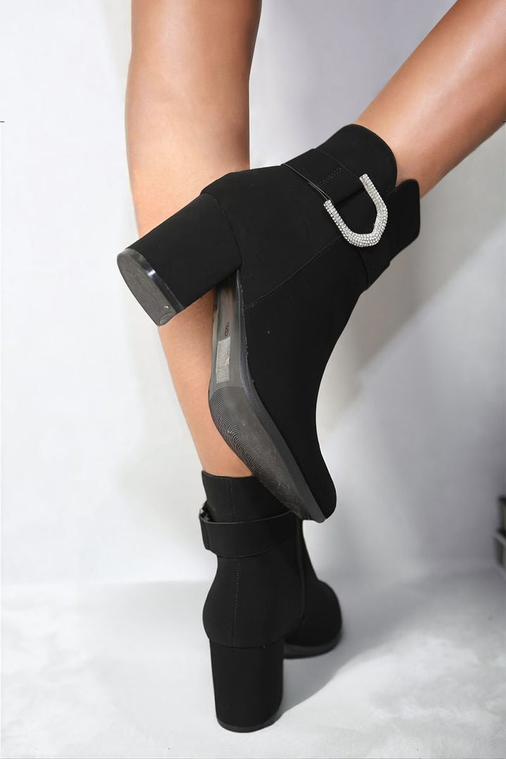 Rhinestone Buckle Chunky Block Heeled Boots featuring a sparkling buckle and chunky heel, perfect for stylish outings.