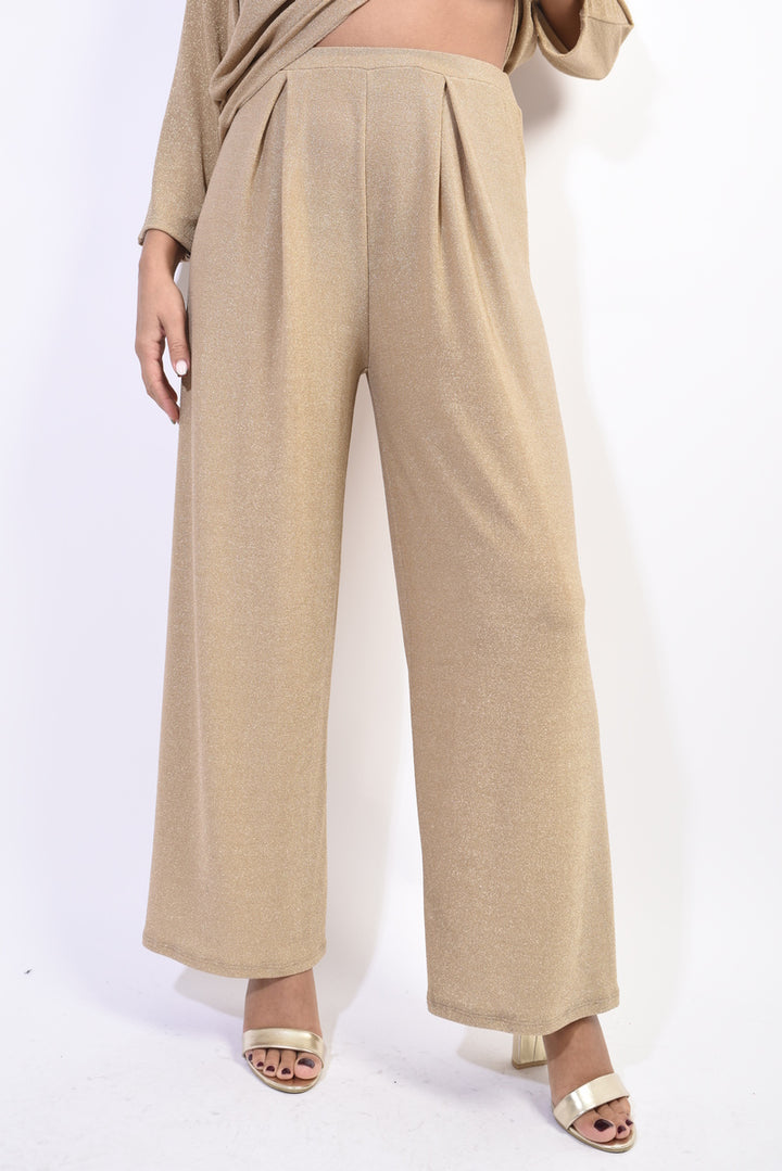 Wide Leg Trouser with gold sandals, showcasing a chic wide-leg design and waist accent, ideal for versatile, stylish looks.