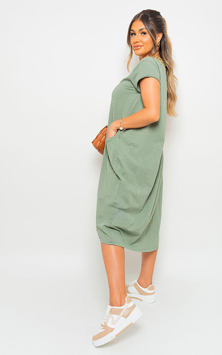 Front Pockets Short Sleeve Midi Dress, featuring a flattering midi length and practical front pockets, perfect for versatile, stylish wear.