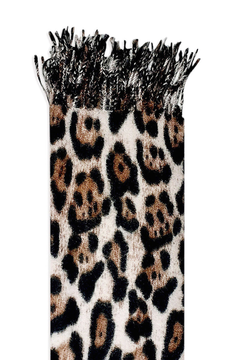 Leopard Detail Scarf, featuring a close-up of its intricate leopard pattern and soft knitted texture, perfect for styling with casual jackets and jeans.