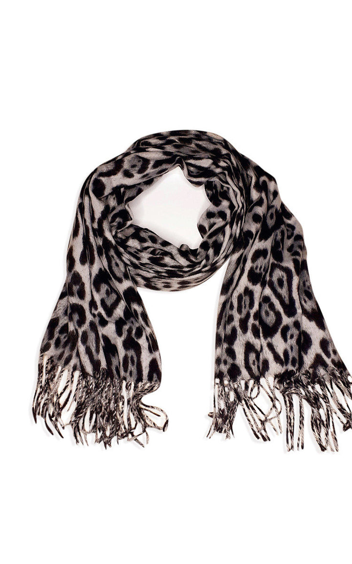 Leopard Detail Scarf with black and white spots, featuring a super soft knit, perfect for pairing with jackets and jeans for stylish everyday wear.