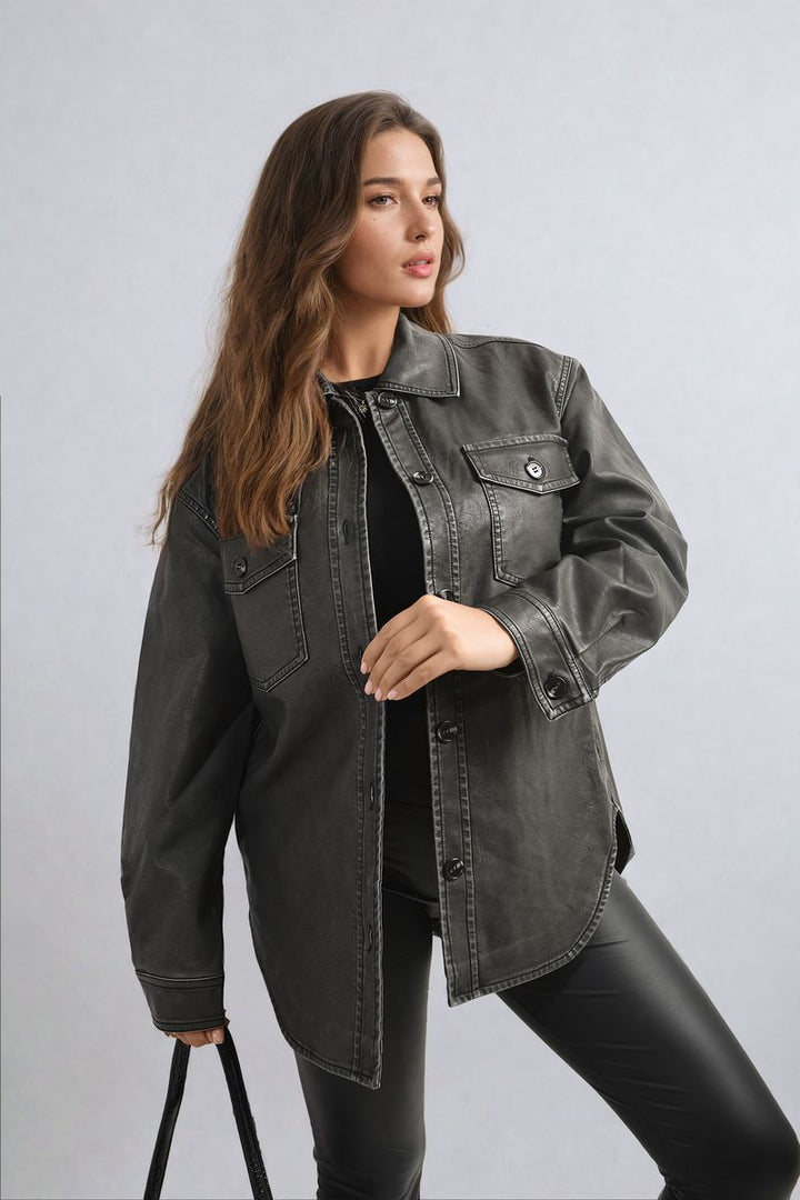 Nancy Button Front Pocket Detail Faux Leather Jacket, featuring a button-up front and pockets, perfect for casual outings, from Holiday Clothes UK.