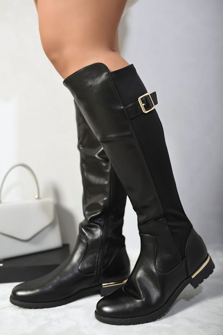 Gold Detail Buckle Knee High Boots with chic gold buckle accents, perfect for adding glam to any outfit. Ideal for pairing with jeans or dresses.