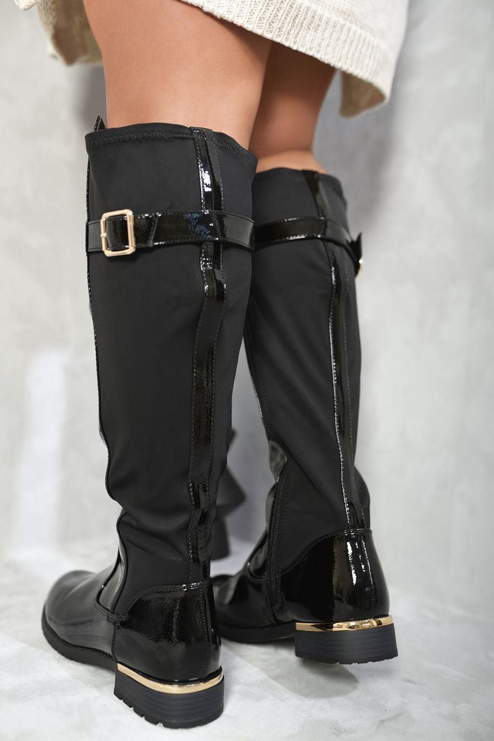 Gold Detail Buckle Knee High Boots with chic buckle design, featuring gold accents for a stylish, versatile look, perfect for casual or dressy outfits.