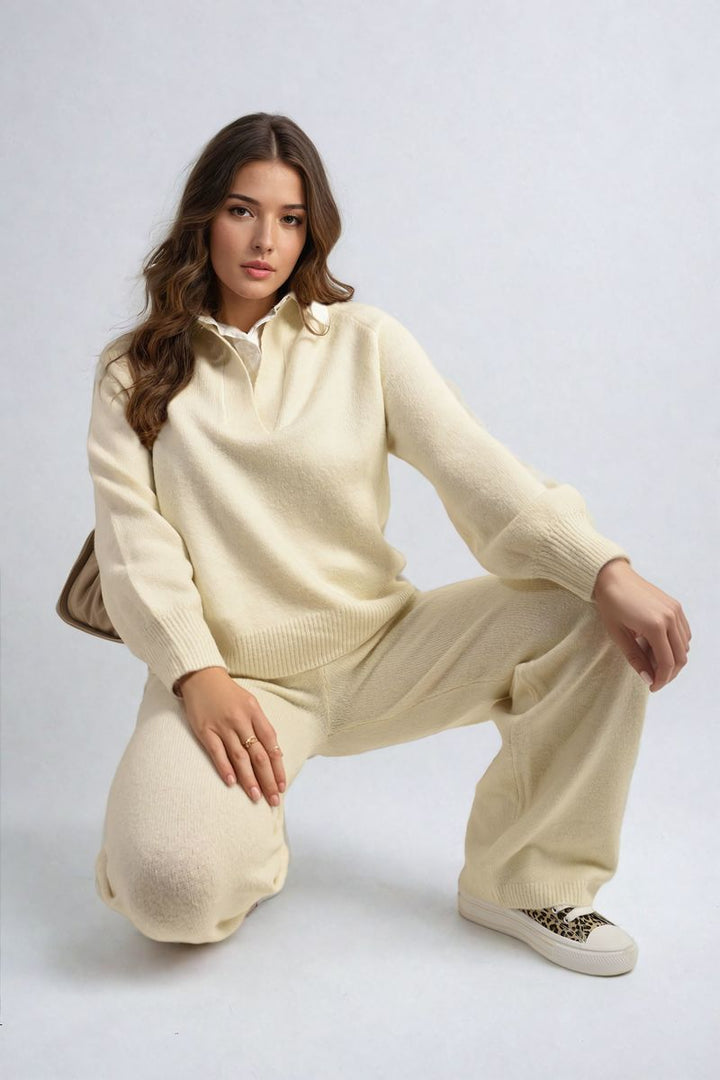 Woman modeling the Long Sleeve Knitted Collar Top and Wide Leg Pants Co-ord Set, showcasing its stylish and comfortable design, perfect for versatile holiday and everyday wear.