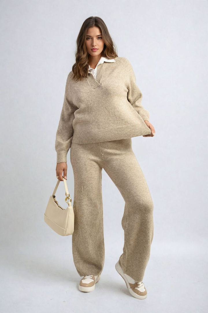 Woman modeling Long Sleeve Knitted Collar Top and Wide Leg Pants Co-ord Set, showcasing a chic, comfortable look perfect for stylish, everyday wear.