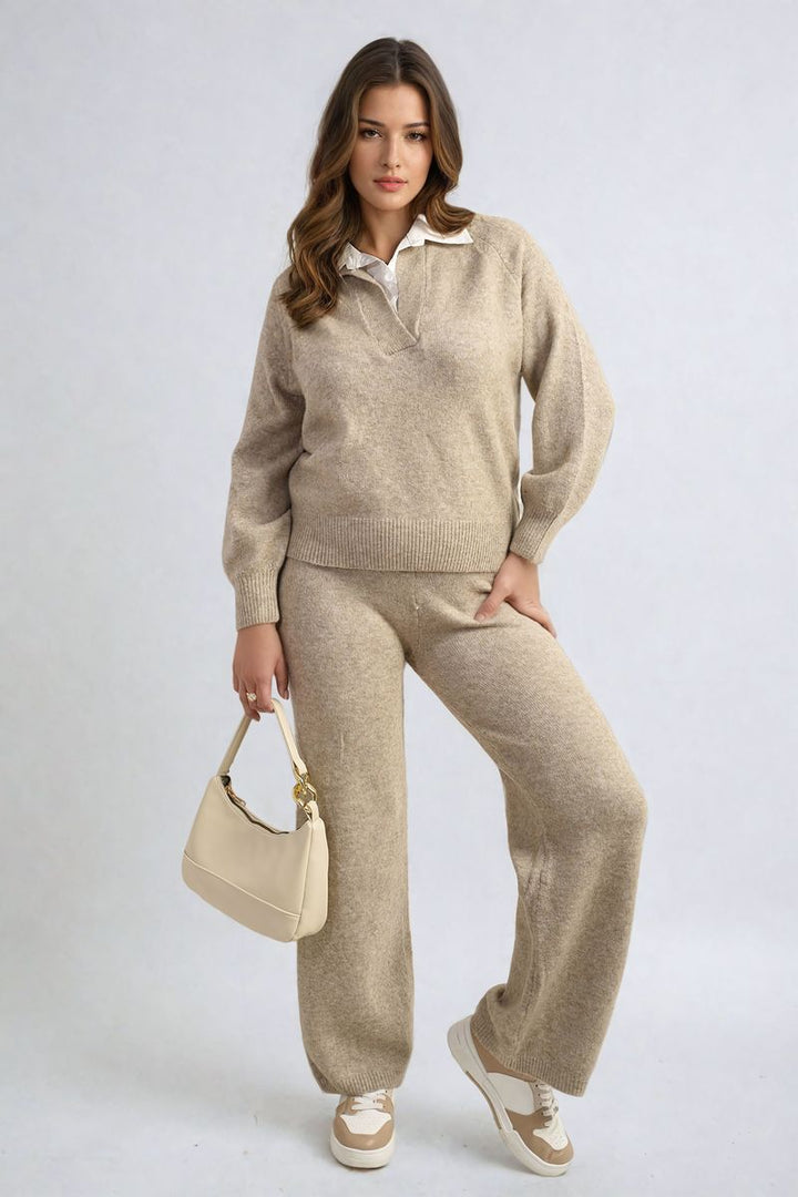 Woman wearing Long Sleeve Knitted Collar Top and Wide Leg Pants Co-ord Set, showcasing a stylish, comfortable outfit for any occasion.