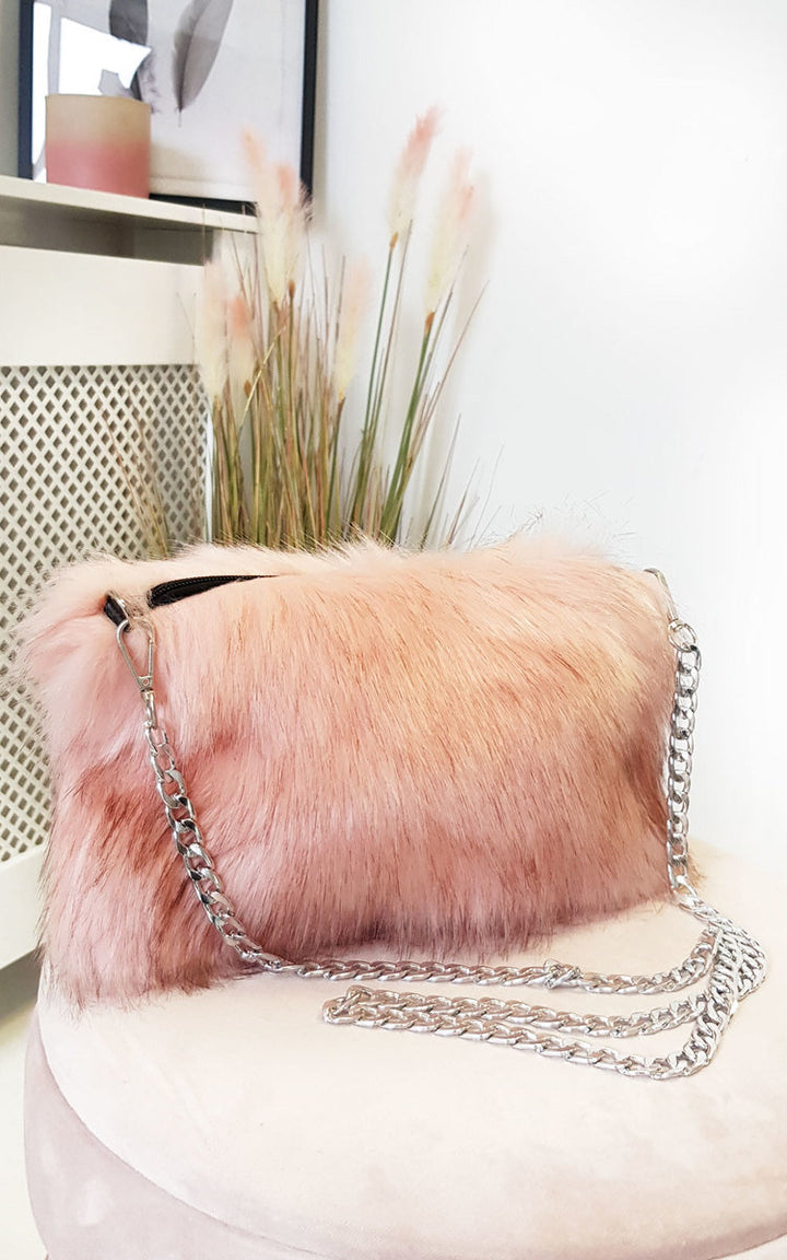 Faux Fur Shoulder Bag with detachable silver chain; a stylish, fluffy accessory perfect for casual daytime outfits, ideal for trendy looks.