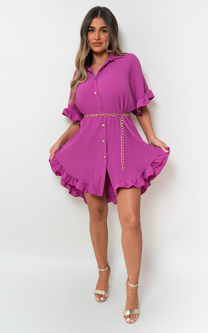 Button Down Oversized Ruffle Short Sleeve Mini Dress featuring ruffle sleeves and button-down front, perfect for stylish holiday or everyday wear from Holiday Clothes UK.