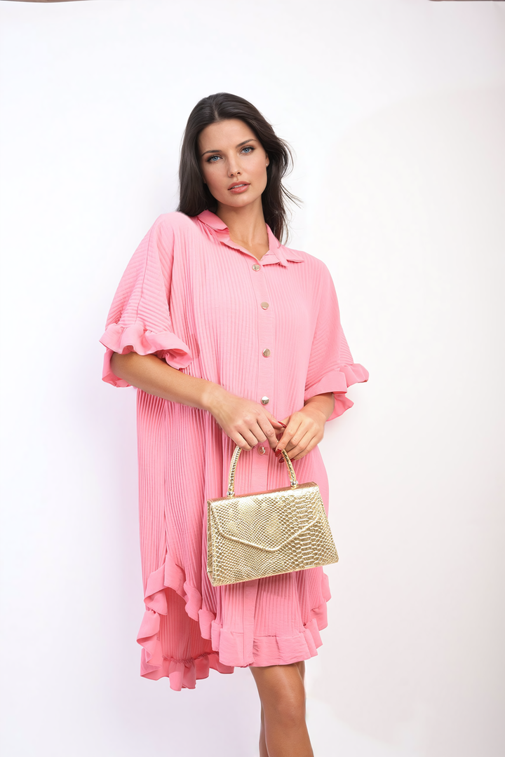 Woman wearing Button Down Oversized Ruffle Short Sleeve Mini Dress, holding a gold purse, showcasing a stylish and lightweight fashion choice from Holiday Clothes UK.