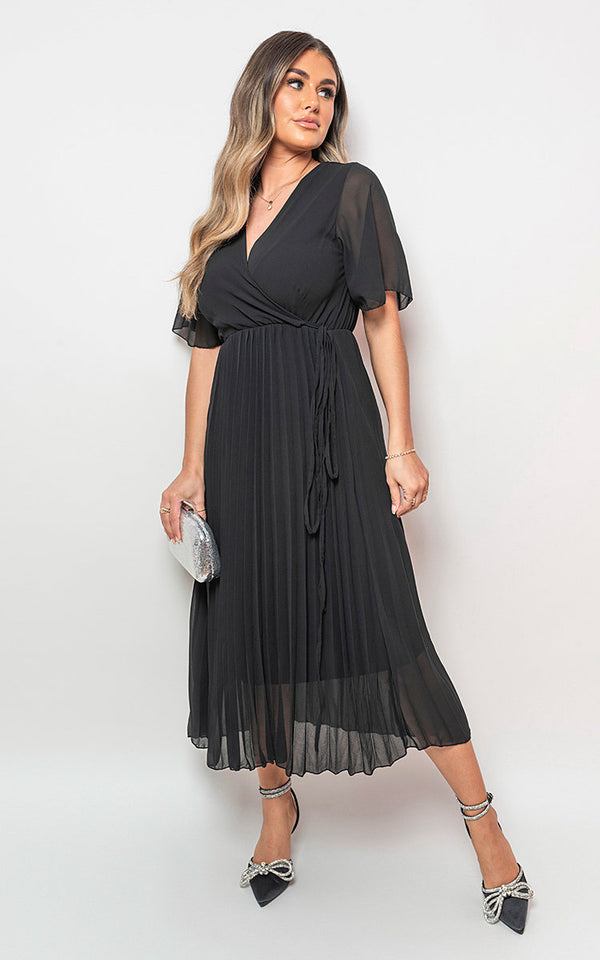 Pleated Wrap Front Maxi Dress with pleated detail, wrap design, and adjustable straps, perfect for special occasions and elegant twirling.