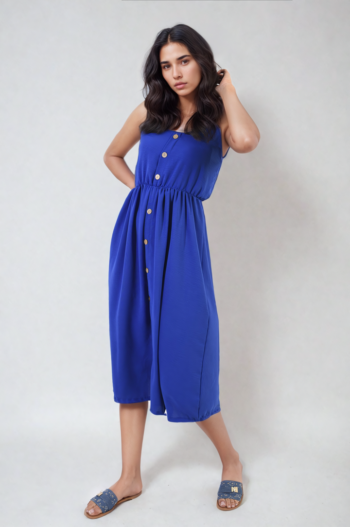 Button Front Strappy Midi Dress featuring button-front detailing and strappy design, ideal for stylish summer outings and versatile day-to-night wear.