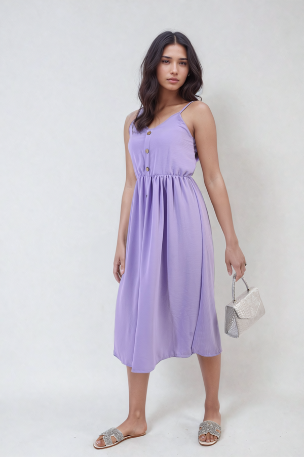 Button Front Strappy Midi Dress worn by a woman, accessorized with a silver purse and sandals, embodying a chic, summer-ready style.