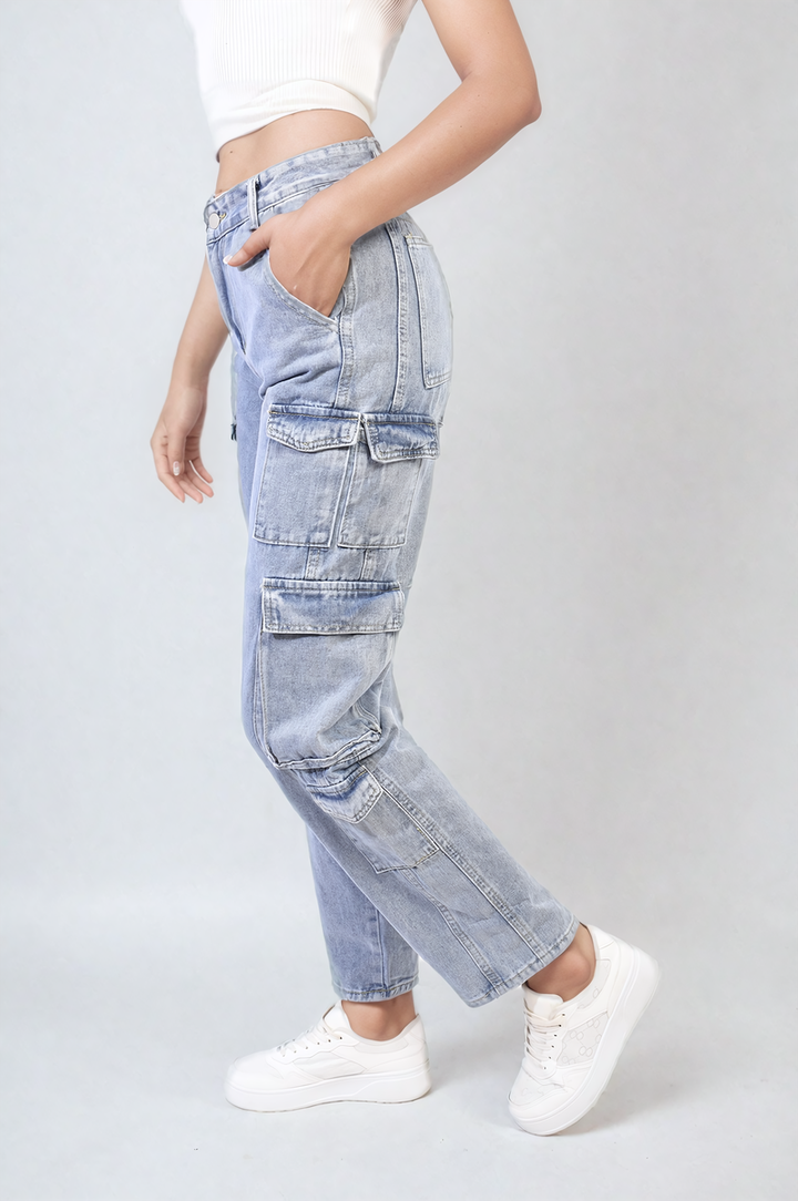 Multi Flap Pockets Cargo Jeans worn by a person, showcasing stylish flap pockets and sleek silhouette, ideal for versatile fashion and functionality.