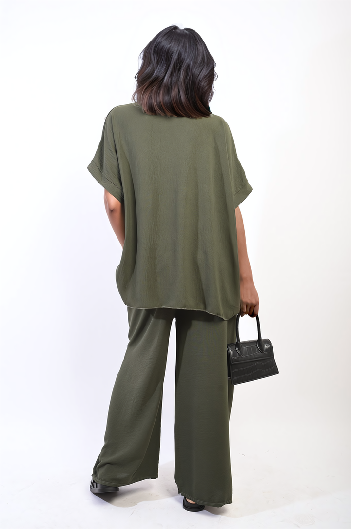 Button Detail V Neck Loose Top and Wide Leg Trouser Co-ord Set, showcasing summer sophistication with elegant design and comfortable fit, ideal for stylish holiday outings.