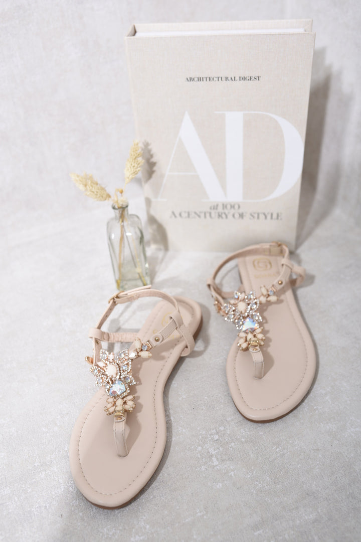 Embellished Open Toe Flat Sandals with crystal details, featuring an adjustable ankle strap and chic open toe design for stylish and comfortable wear.