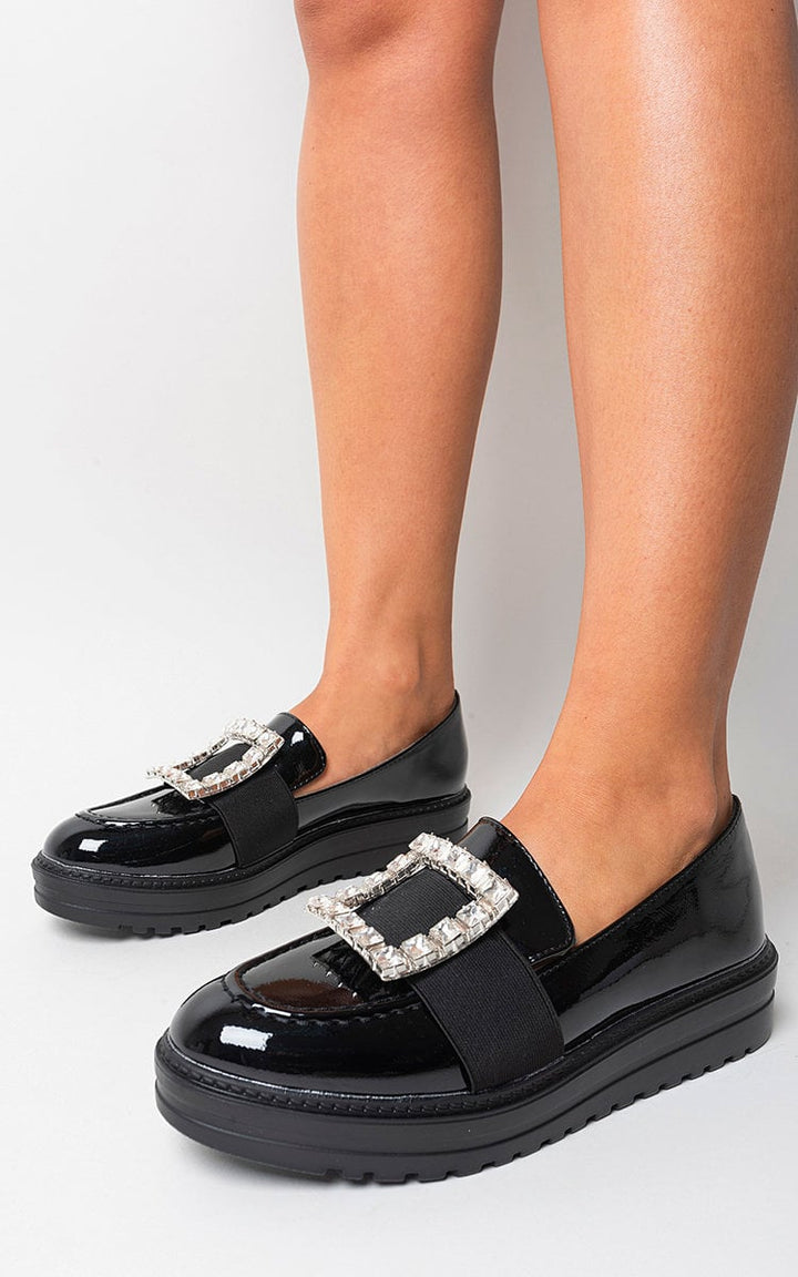 Leather Crystal Buckle Loafers with shiny crystal buckles, ideal for adding elegance to any outfit. Perfect for versatile styling and all-day comfort.