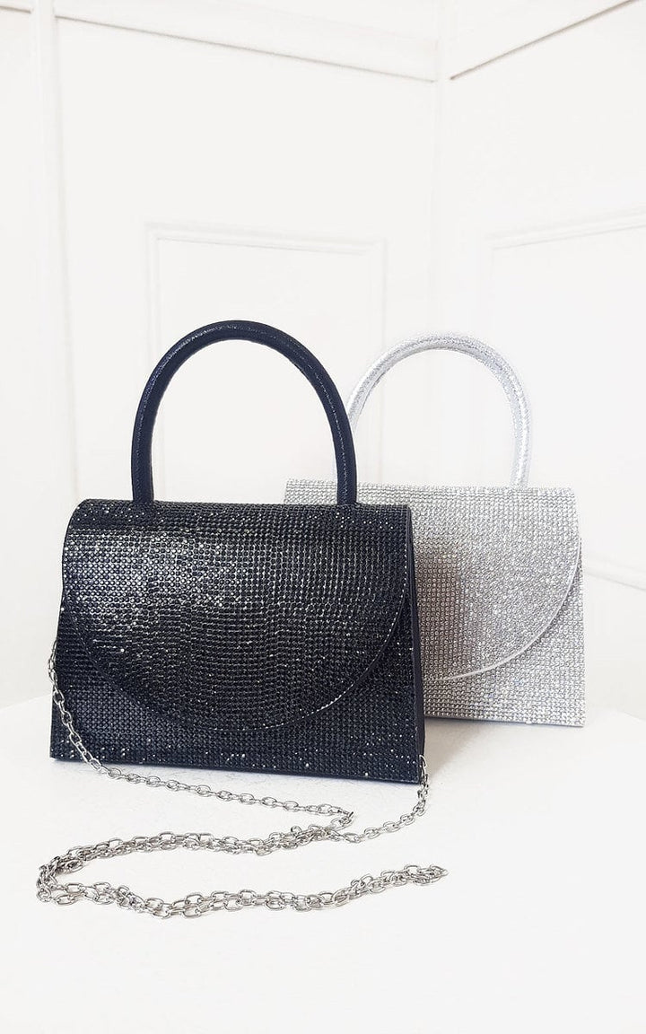 Diamante Embellished Handbag with silver detachable strap and magnetic closure, perfect for special occasions.