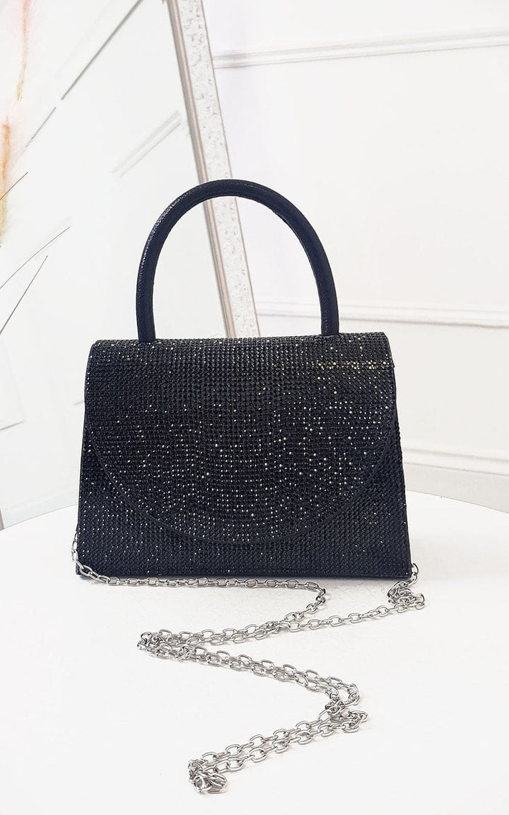 Diamante Embellished Handbag with silver chain strap, features diamante details, magnetic closure, and inner compartment, perfect for pairing with elegant attire.