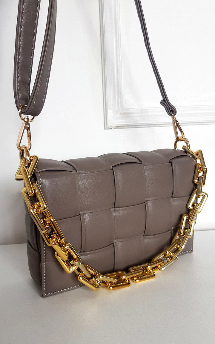 Padded Shoulder Bag with Chain Detail, featuring a faux leather design and statement gold chain, perfect for stylish and chic everyday use.