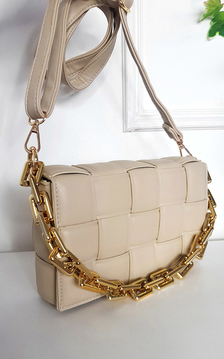 Padded Shoulder Bag with Chain Detail, featuring a stylish gold chain and adjustable strap, perfect for adding elegance to any outfit or occasion.