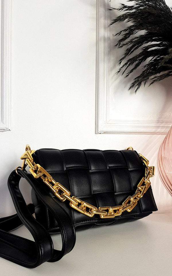 Padded Shoulder Bag with Chain Detail, featuring a black faux leather design and statement gold chain, perfect for stylish and chic everyday use.