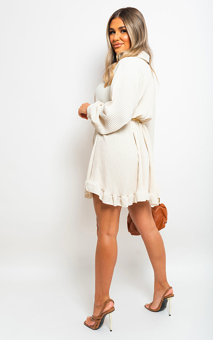 Long Sleeve Pleated Button Up Mini Dress featuring long sleeves, button-up front, and pleated design, worn by a woman with a handbag and sandals.