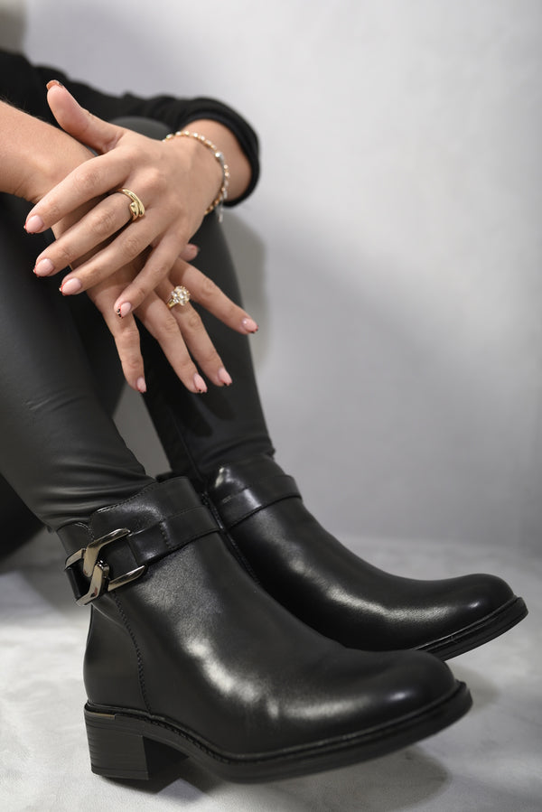 Close-up of Valeria Buckle Side Zipper Closure Ankle Boots, showcasing chic buckle and convenient side zipper, perfect for stylish and comfortable wear.