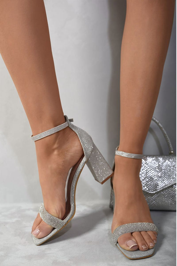 Rhinestone Ankle Strap Block High Heels with sparkling rhinestones and a secure ankle strap, perfect for adding glam to any outfit.