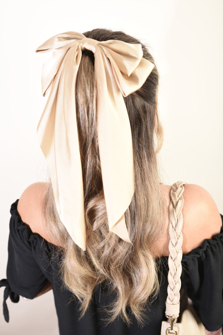 Elegant Big Bow Hair Clips showcased by a woman; highlights the clip's large, chic bow design, ideal for adding sophistication to various hairstyles.