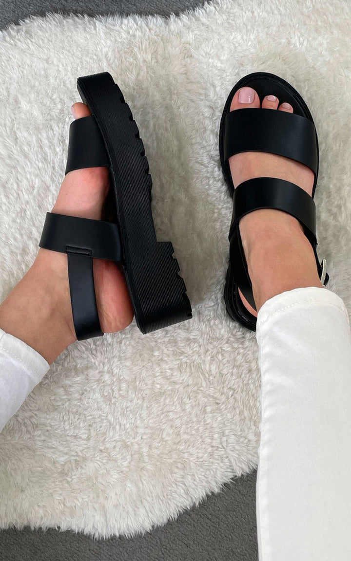 Chunky Sandals featuring black straps and a sporty luxe sole, ideal for pairing with jeans or a smock dress for a festival-ready look.